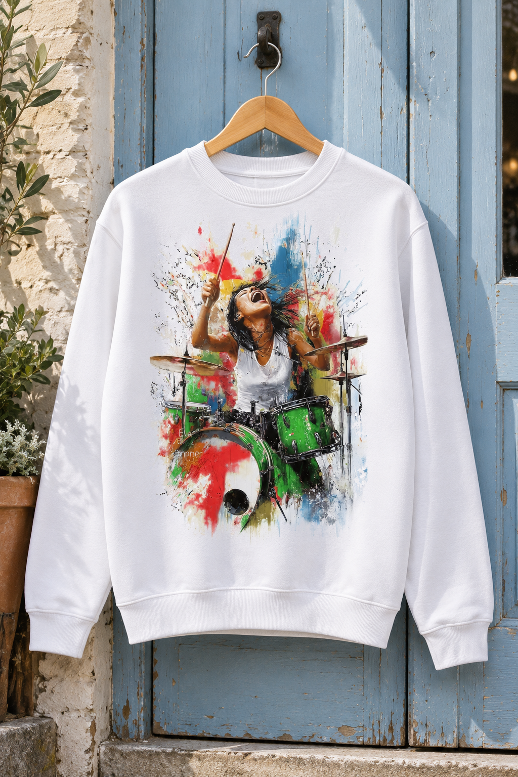 Female Drummer Paint Splash Graphic Organic Sweatshirt