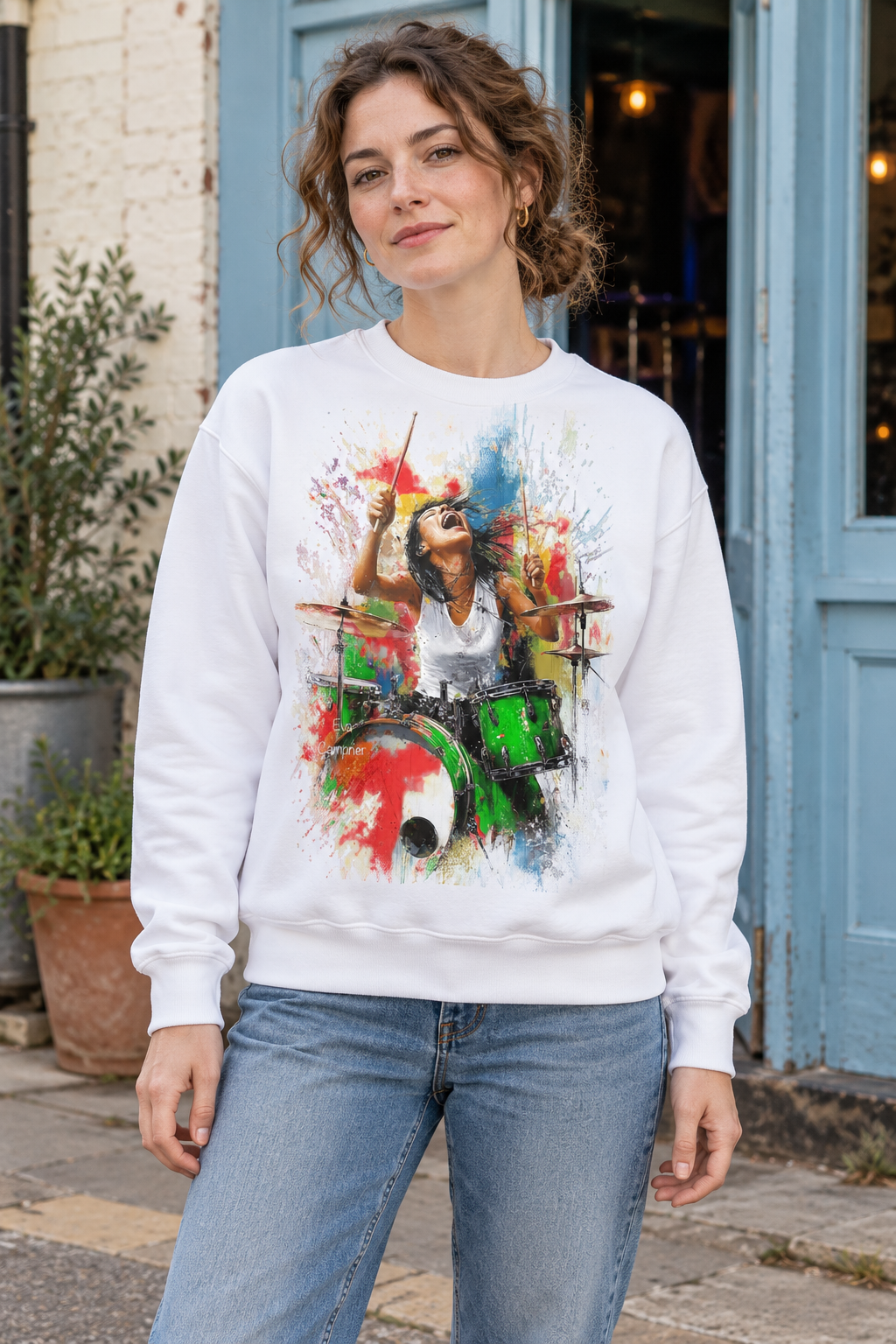 Female Drummer Paint Splash Graphic Organic Sweatshirt