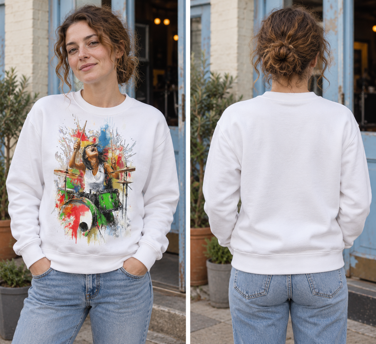 Female Drummer Paint Splash Graphic Organic Sweatshirt