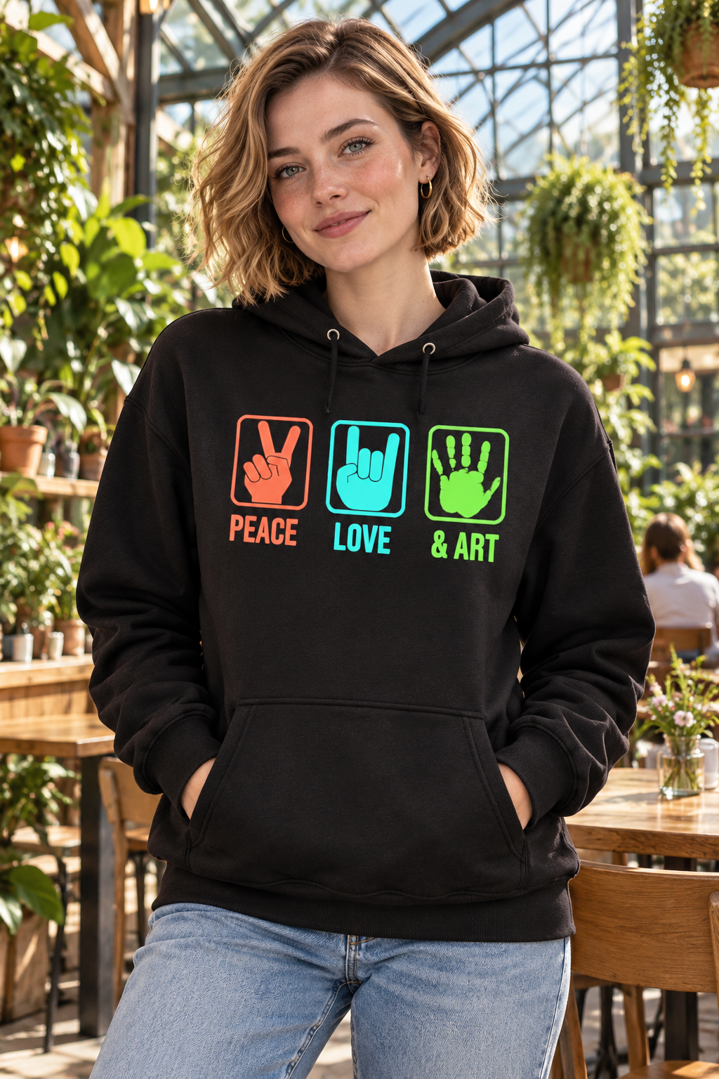 Peace Love & Art Hand Sign Graphic Hoodie