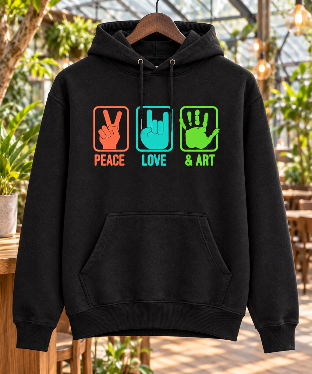 Peace Love & Art Hand Sign Graphic Hoodie