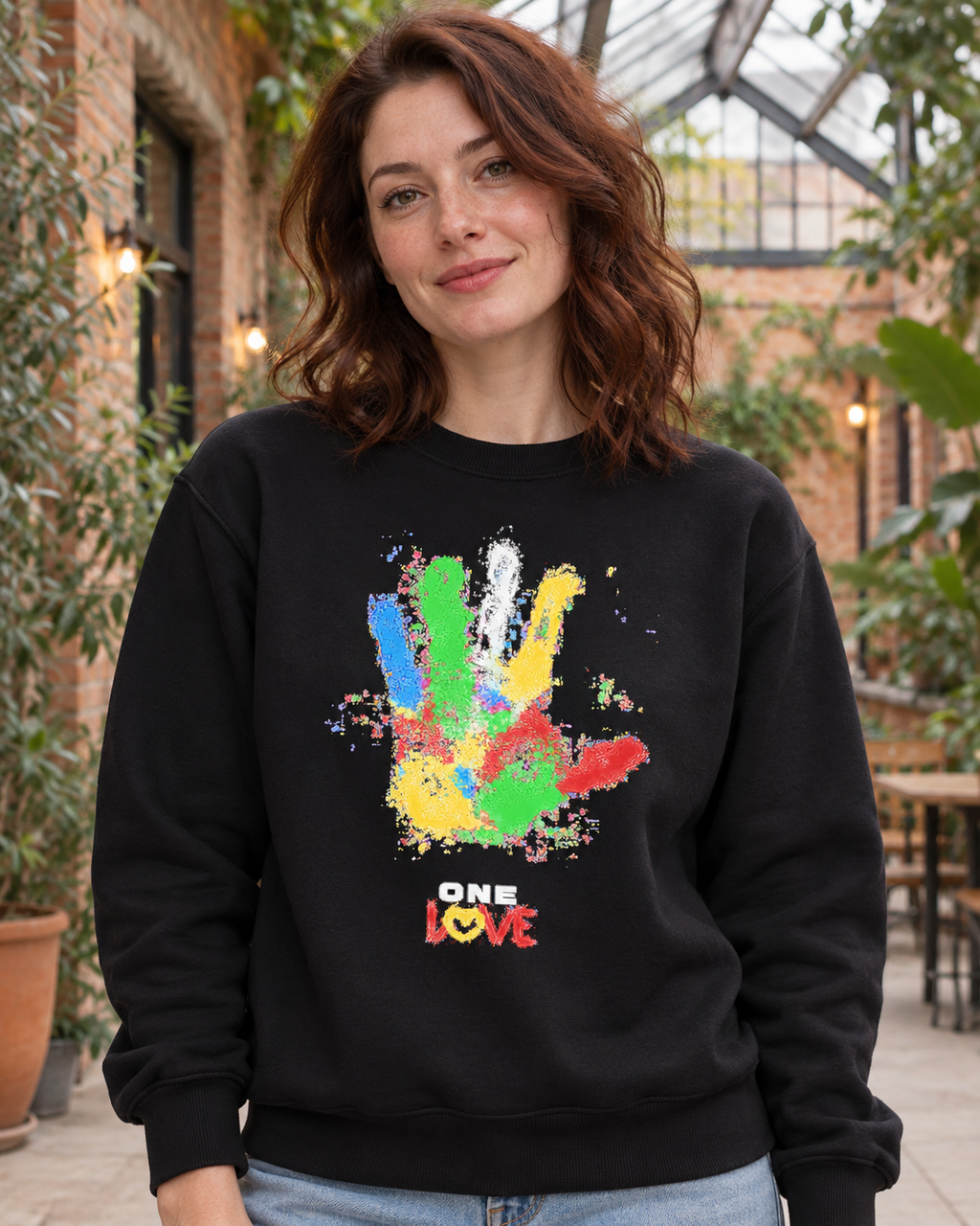 One Love Paint Handprint Graphic Organic Sweatshirt