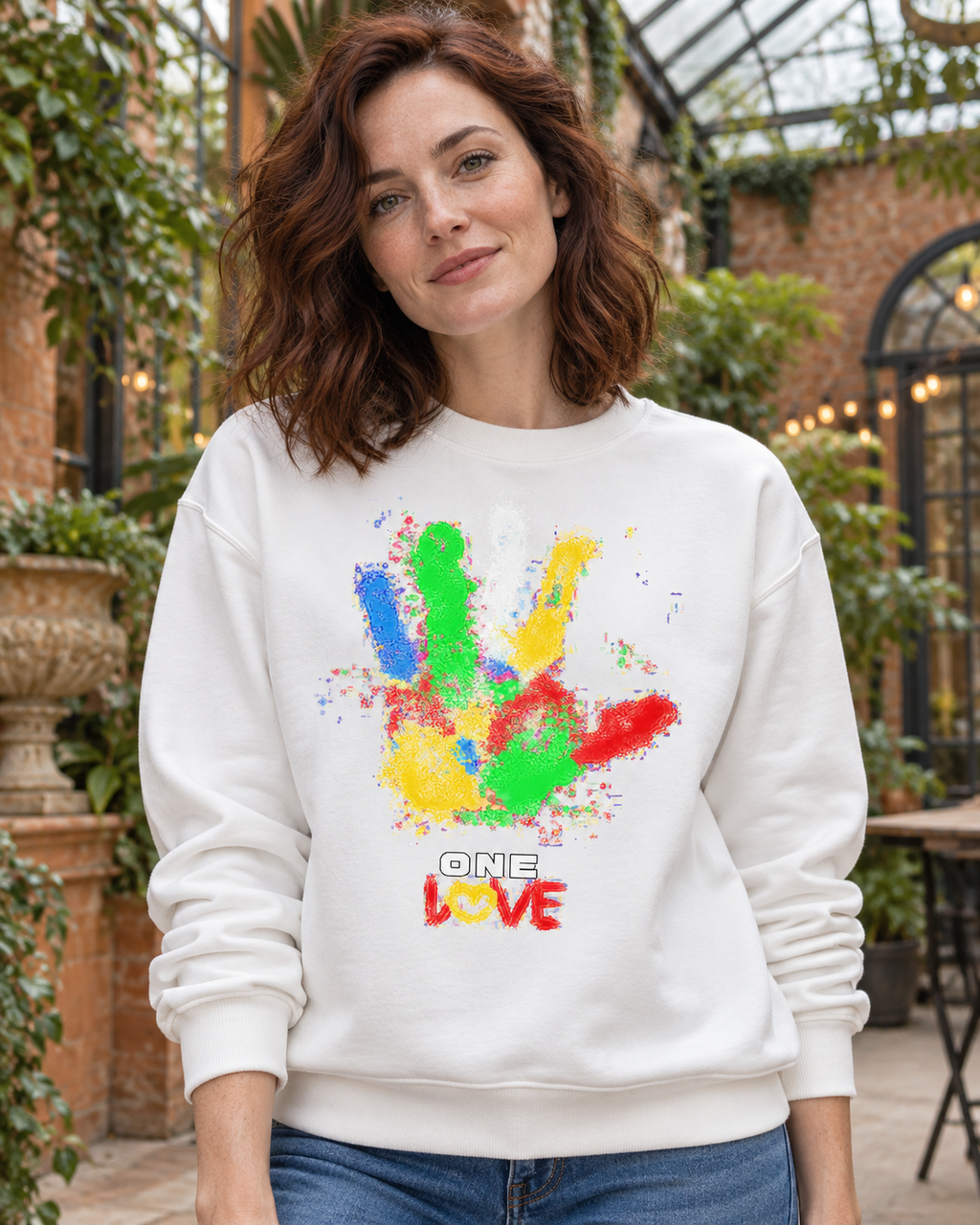 One Love Paint Handprint Graphic Organic Sweatshirt